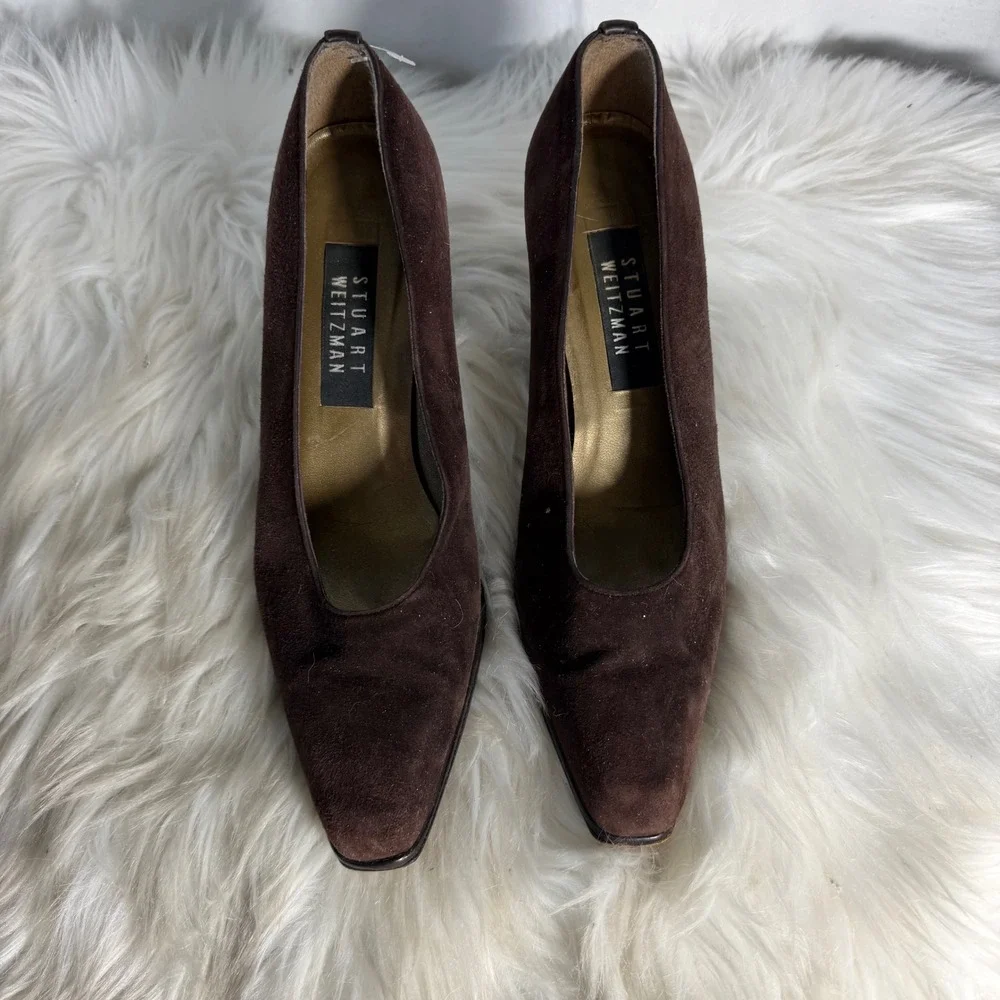 Stuart Weitzman Brown Suede Square Toe Block Heel Pumps S 237493 Size 7.5 B